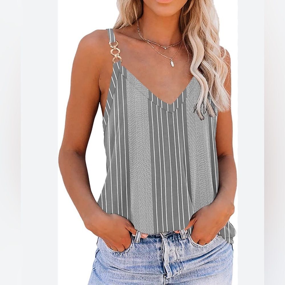 Gray & white striped cotton blend tank top with gold link straps size small NWT